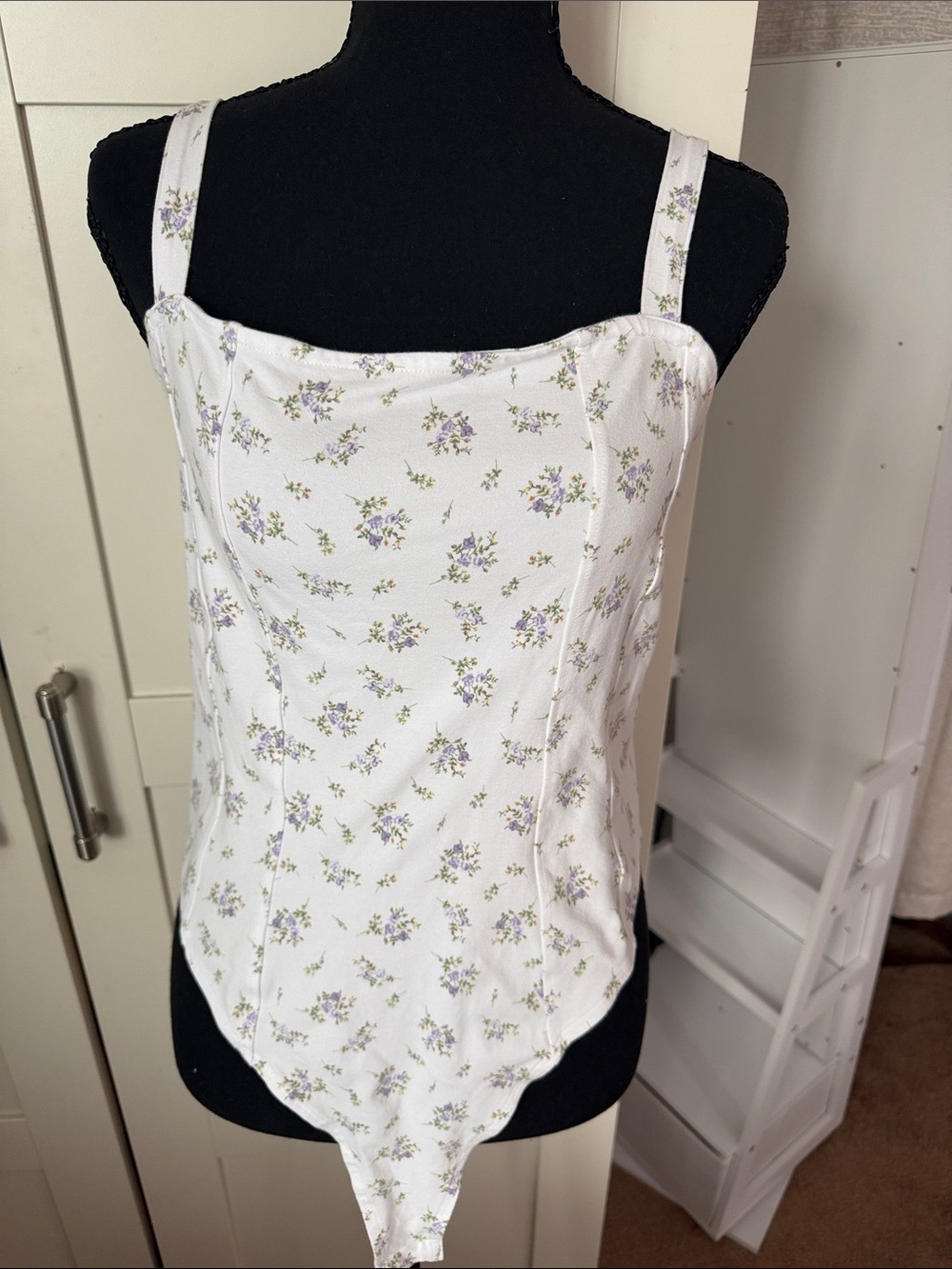 H&M White Floral Square-Neck Tank Bodysuit with Lavender Print
